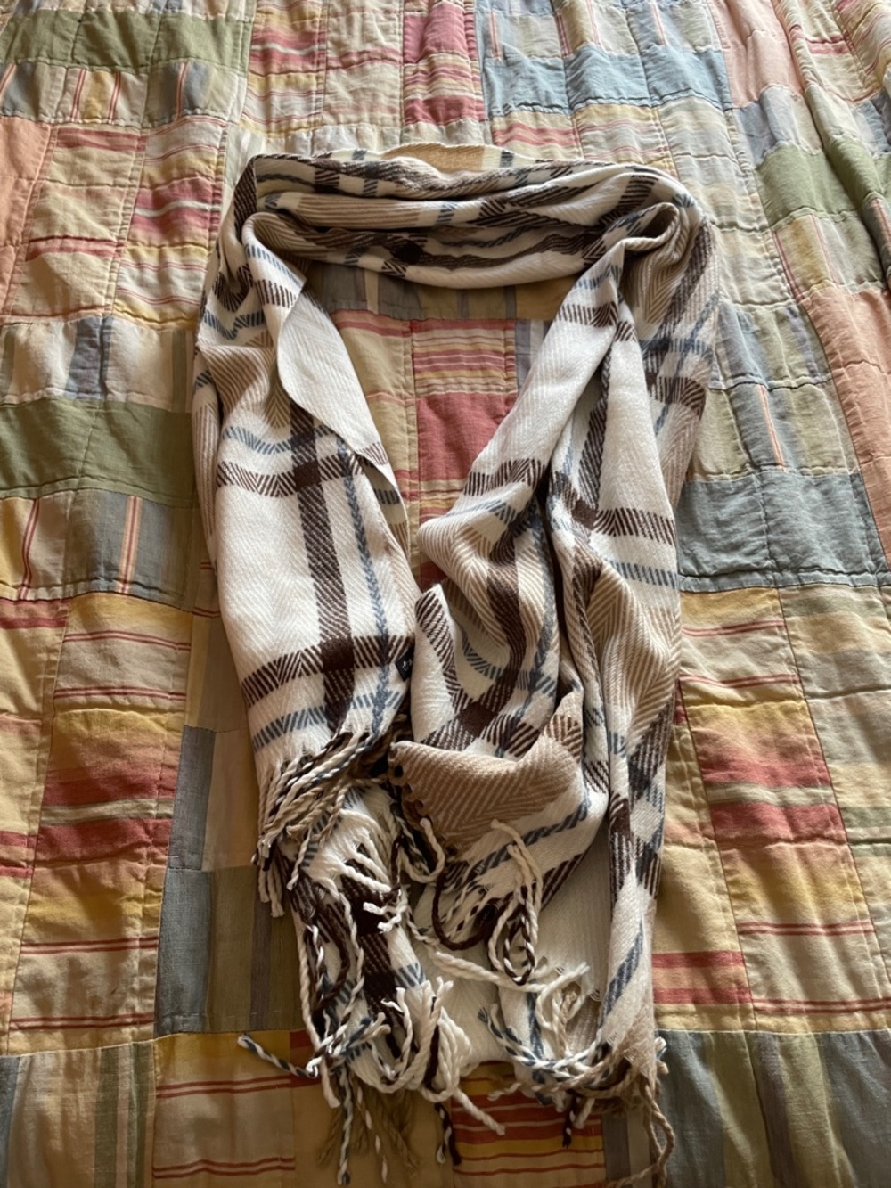 Denver Hayes Cream Plaid Fringe Scarf with Brown Stripes